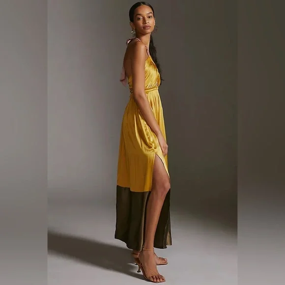 🎸ANTHROPOLOGIE🎸🔥NWT🔥Silk Colorblocked Maxi Dress in Gold— Size 4